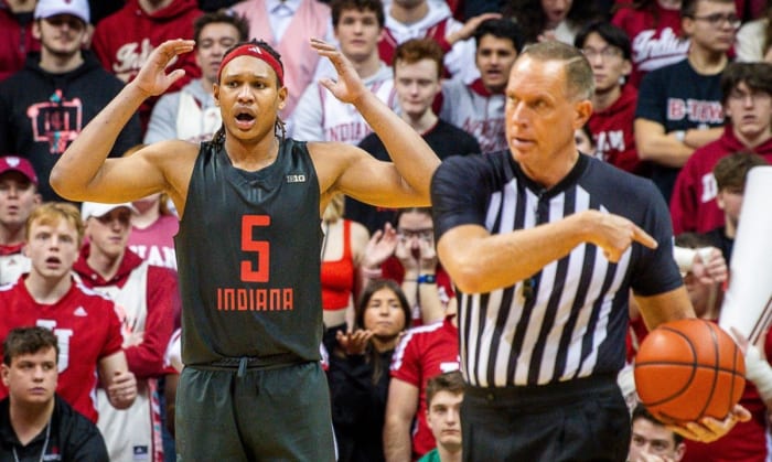 Indiana's Malik Reneau (5) reacts to getting his fifth foul during the second half of the Indiana versus Northwestern men's basketball game at Simon Skjodt Aseembly Hall on Sunday, Feb. 18, 2024.